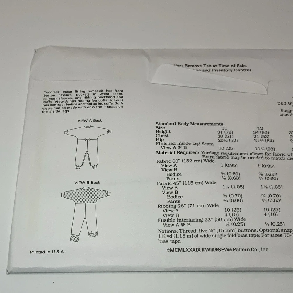 Kwik Sew 1967‎ Sewing Pattern Toddlers' Jumpsuits uncut Sz T1-T4